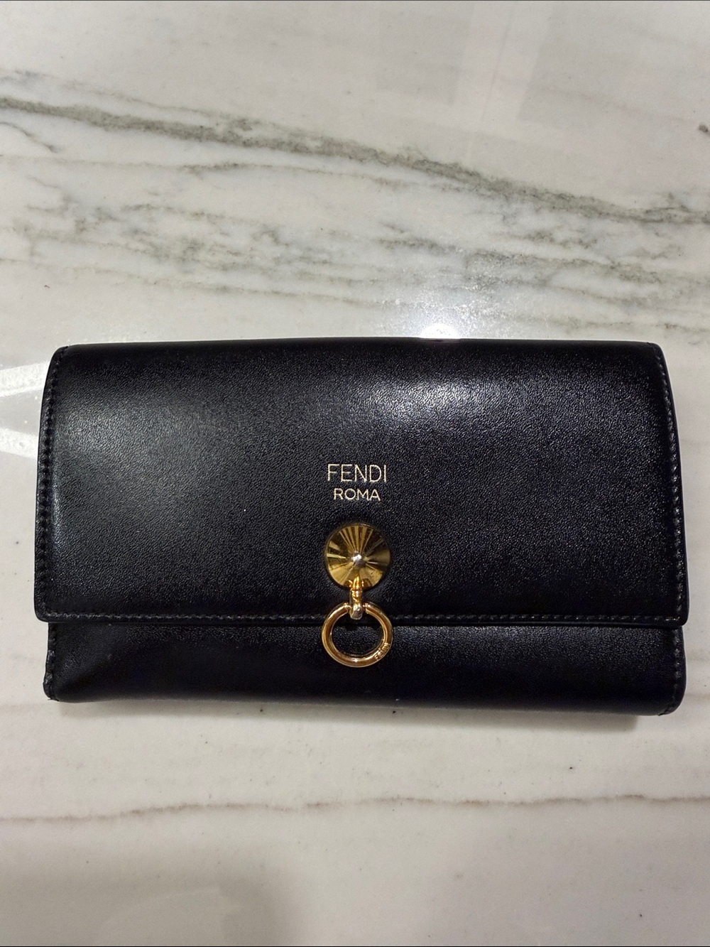 Fendi Black Leather Wallet with Gold Ring Accent